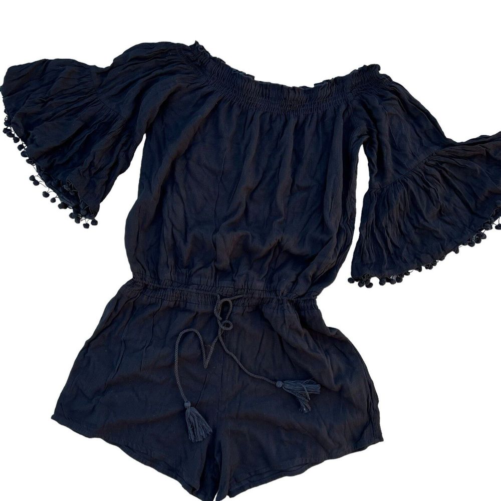 Lilka Anthropologie Womens Short Romper Long Bell‎ Sleeve Medium Black Tassels